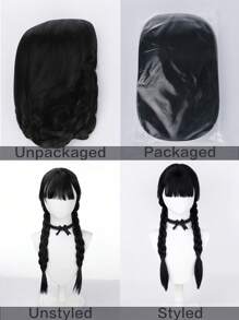 Peluca de trenzas largas y rectas de 26 pulgadas en color negro, hecha de fibra sintética resistente al calor, para niñas y mujeres, disfraz de Wednesday Addams para fiesta de Halloween