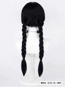 Peluca de trenzas largas y rectas de 26 pulgadas en color negro, hecha de fibra sintética resistente al calor, para niñas y mujeres, disfraz de Wednesday Addams para fiesta de Halloween