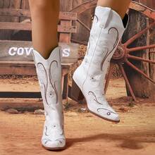 Women's Fashionable Embroidered Chunky Heel Square Toe Mid-Calf Boots, Turkish New Arrival - White - View 3