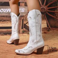 Women's Fashionable Embroidered Chunky Heel Square Toe Mid-Calf Boots, Turkish New Arrival - White - View 6