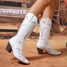 Women's Fashionable Embroidered Chunky Heel Square Toe Mid-Calf Boots, Turkish New Arrival - White - View 1