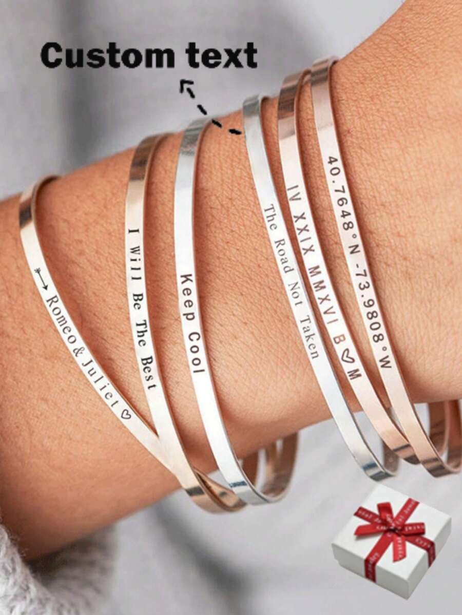 Vòng tay khắc tên cá nhân 4mm, Vòng đeo tay bằng thép không gỉ màu vàng, Quà tặng cho phụ nữ - Vàng - Xem 1