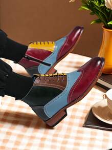 High-Top Men's Boots, European & American Style Side Zipper, Color Blocking Wooden Heel, Lace-Up, Leather, Party, Wedding, Business Formal Wear - Brown - View 5