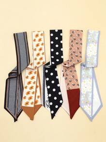 5 件装女士多用途格子、豹纹、花朵、花卉图案围巾，包包装饰带礼盒 - 时尚小丝巾优雅头巾、发带、头带非常适合装扮您的情人节 - 彩色 - 查看 21