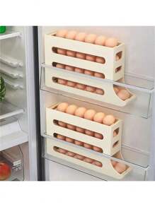 1 pièce Stockage d'œufs innovant, une solution pour votre plan de travail de cuisine. Avec un support à œufs de réfrigérateur à coulisse à quatre niveaux et un dispositif de roulement automatique des œufs sur la porte latérale du réfrigérateur.