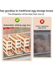 1 pièce Stockage d'œufs innovant, une solution pour votre plan de travail de cuisine. Avec un support à œufs de réfrigérateur à coulisse à quatre niveaux et un dispositif de roulement automatique des œufs sur la porte latérale du réfrigérateur.