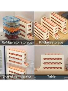1 pièce Stockage d'œufs innovant, une solution pour votre plan de travail de cuisine. Avec un support à œufs de réfrigérateur à coulisse à quatre niveaux et un dispositif de roulement automatique des œufs sur la porte latérale du réfrigérateur.