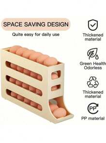 1 pièce Stockage d'œufs innovant, une solution pour votre plan de travail de cuisine. Avec un support à œufs de réfrigérateur à coulisse à quatre niveaux et un dispositif de roulement automatique des œufs sur la porte latérale du réfrigérateur.