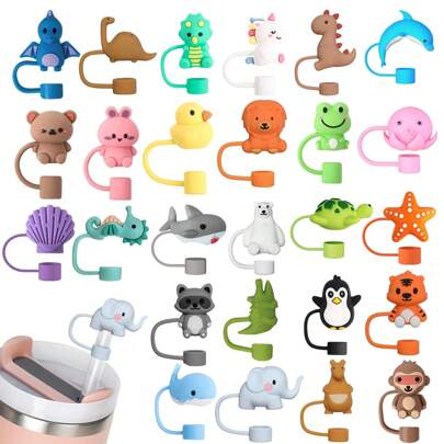 1 PC Straw Covers Cap, Straw Cover For 30&40 Oz Tumbler, Silicone Straw Topper Cute Straw Caps In Various Shapes, Reusable Straw Tip Covers For 0.4 Inch/10 Mm Animals Straws ,Kitchen,Christmas Gift,School Supplies