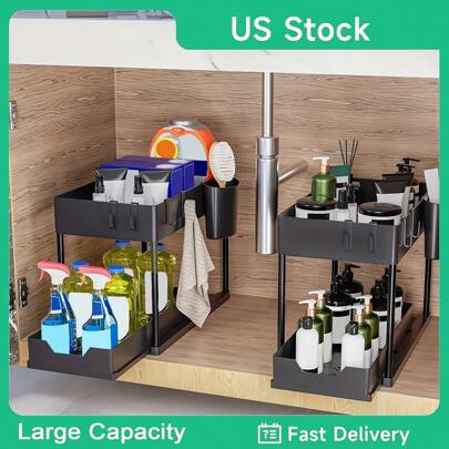 Under Sink Organizer And Storage, Double Layer Bathroom Storage Organizer, Large Capacity Kitchen Gadgets Storage Box, Sliding Under Bathroom Cabinet Organizer With Hooks Hanging Cup, Kitchen Organizer Bathroom Shelf Cabinet, Home Organization Bathroom Shelves Accessories ,Sliding Basket Storage Rack For Bathroom, Kitchen,Coffee Cups, Cosmetics (Black)