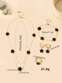 Ensemble de 5 pièces Collier, bracelet, boucles d'oreilles et bague ajustable pour femme - Style européen et américain - Vintage - Plaqué or 18 carats - Acier de titane - Cinq pétales de fleurs en résine colorée - Cadeau de luxe et polyvalent pour les filles - Parfait pour les vacances à la plage ou les fêtes d'anniversaire - Ensemble de couleurs de fleurs à cinq pétales - Voir 5