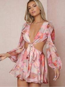 Manga farol V Cuello Hueco Estampado Flor Verano Playa Mujer Gasa Rojo Mono Conjunto Dos Piezas - Rosa - Ver 2