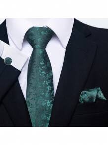 AlanKing 1set Necktie Pocket Square & Cufflinks Set With Gift Box For Men, Suitable For Festivals, Weddings, And Work, Green Floral Tie, 7.5cm - HB275 - View 3