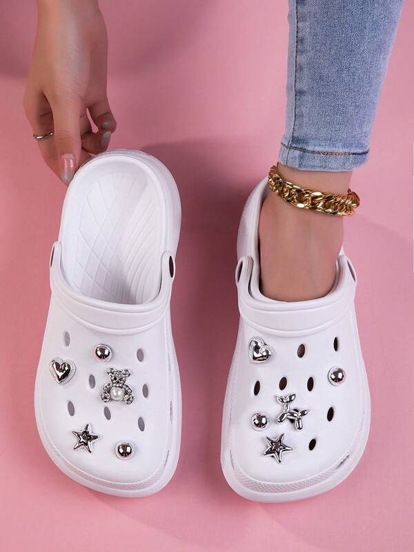 White Cartoon Women's Sandals, Breathable, Comfortable, Slip-Resistant, Durable, With Thick Soles And Removable Accessories (Bear & Star Flower), Suitable For DIY