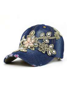 1 sombrero de vaquero hecho a mano con decoración de diamantes de imitación, estilo de gorra de béisbol con diseño de flor de hilo dorado, gorra brillante de moda - Multicolor - Ver 19