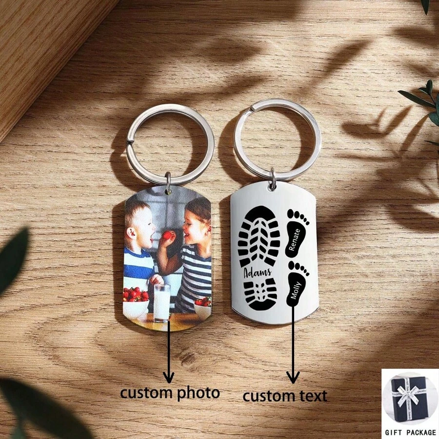 Porte-clés empreinte personnalisée avec photo ou nom pour père et enfant, cadeau parfait pour la fête des pères, l'anniversaire de papa ou les meilleurs amis - Argent - Voir 1