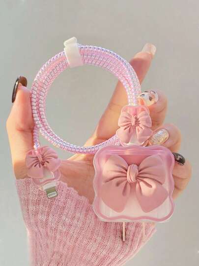 Cute Pink Bow Decoration Data Cable Protection Set Compatible With IPhone 18/20W Charger Protection Case Data Cable Protection Rope Bite Device Cable Protector, Charger Protector
