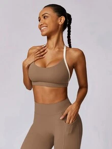 MASKERT 女士运动内衣、运动上衣、瑜伽上衣、高弹力运动上衣 - 摩卡棕 - 查看 4