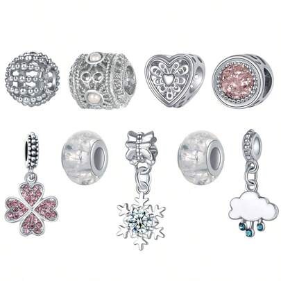 9pcs/Set Snowflake Cloud Clover Pendant Set - Heart-Shaped Hollow Out Beaded Kit Suitable For DIY Bracelet And Handmade Jewelry Valentines