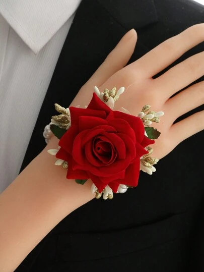 1pc Women's Red Rose Decorated Wrist Corsage For Bride, Bridesmaid, Wedding, Party, Daily Wear, Prom, Dance, Bracelet Accessories Valentine's Day Valentines
