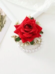 1 chiếc vòng đeo tay trang trí hoa hồng đỏ cho cô dâu, phù dâu, đám cưới, tiệc tùng, trang phục hàng ngày, vũ hội, khiêu vũ, phụ kiện vòng tay ngày lễ tình nhân ngày lễ tình nhân - Đỏ - Xem 2