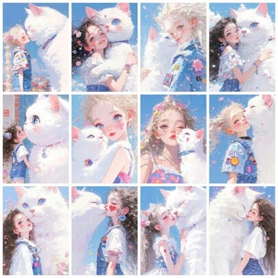 1PC 5D Diy Diamond Painting Girl White Cat Full Square Or Round Diamond Mosaic Woman Animal Adults Handmade Interior Decoration Wall Art