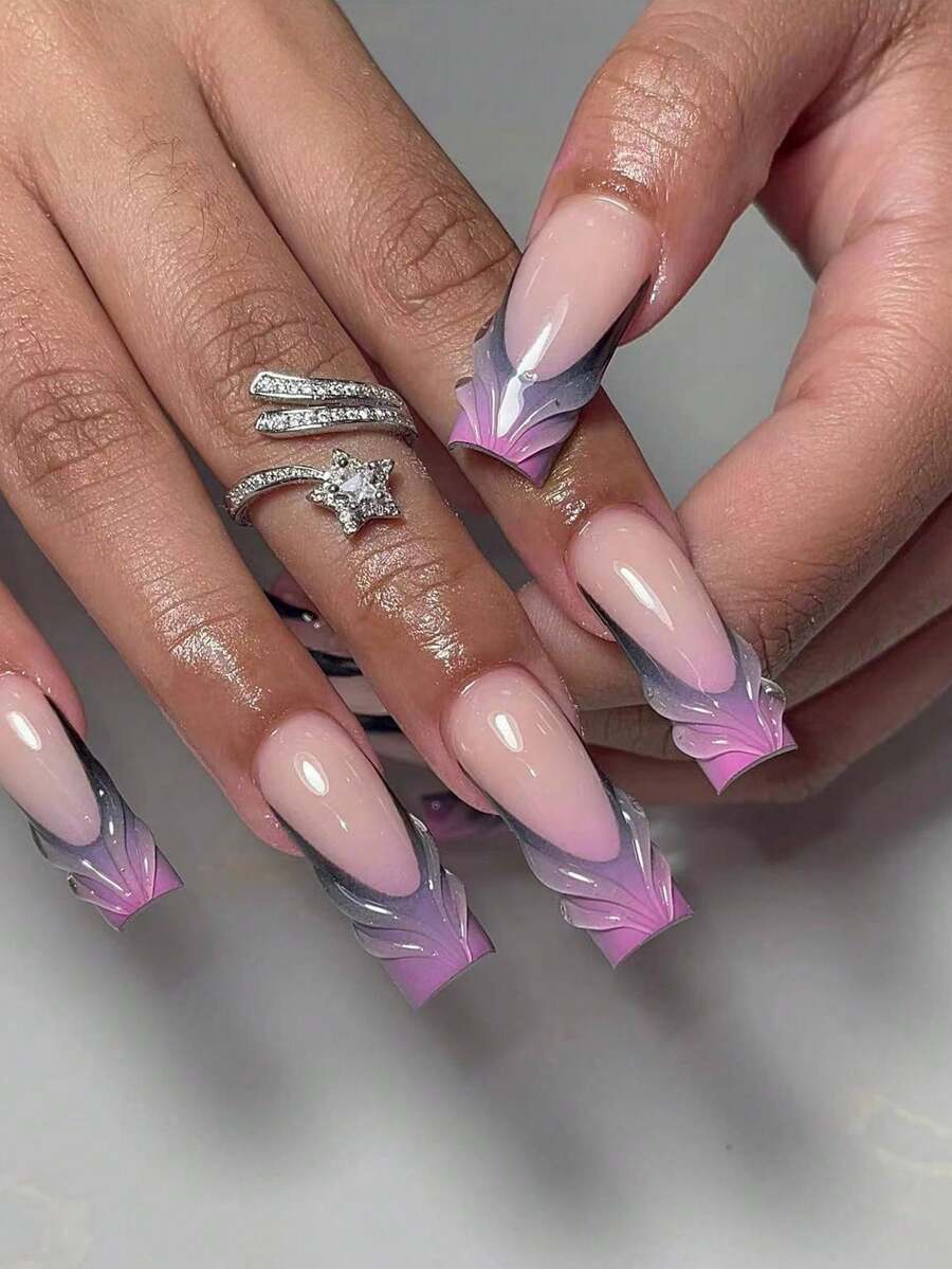 24 piezas de uñas postizas de patrón 3D cuadradas cortas con 1 pegamento para uñas y 1 lima de uñas, uñas hechas a mano - Multicolor - Ver 1