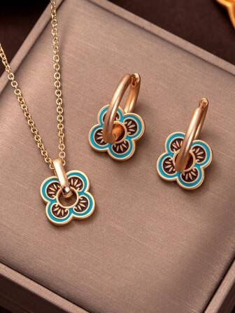 1 套复古中国风珐琅四叶草吊坠项链和耳环，高端优雅女士珠宝