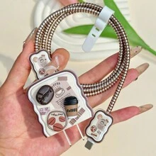 5pcs 3D Cartoon Coffee Design 1.5M Data Cable Set With Anti-Break Protection, Compatible With Apple 13/14/15 Phones, 20W Charger & Protective Cover Cable Protector, Charger Protector
