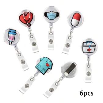 1/6入組卡通護士徽章卷軸，員工禮物，可伸縮醫療徽章座卡卷軸，適用於護士、醫生、醫療專業人員、醫院、辦公室工作
