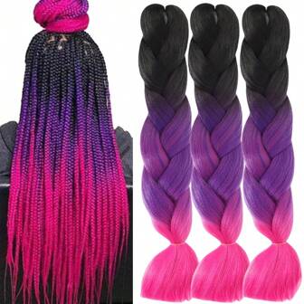Braiding Hair Extensions 24 Inch 1 Pack Braiding Hair For Women Synthetic Ombre Jumbo Hair Extension For Crochet Braids Hair Hot Water Setting (24 Inch, Black-Purple-Rose Red)