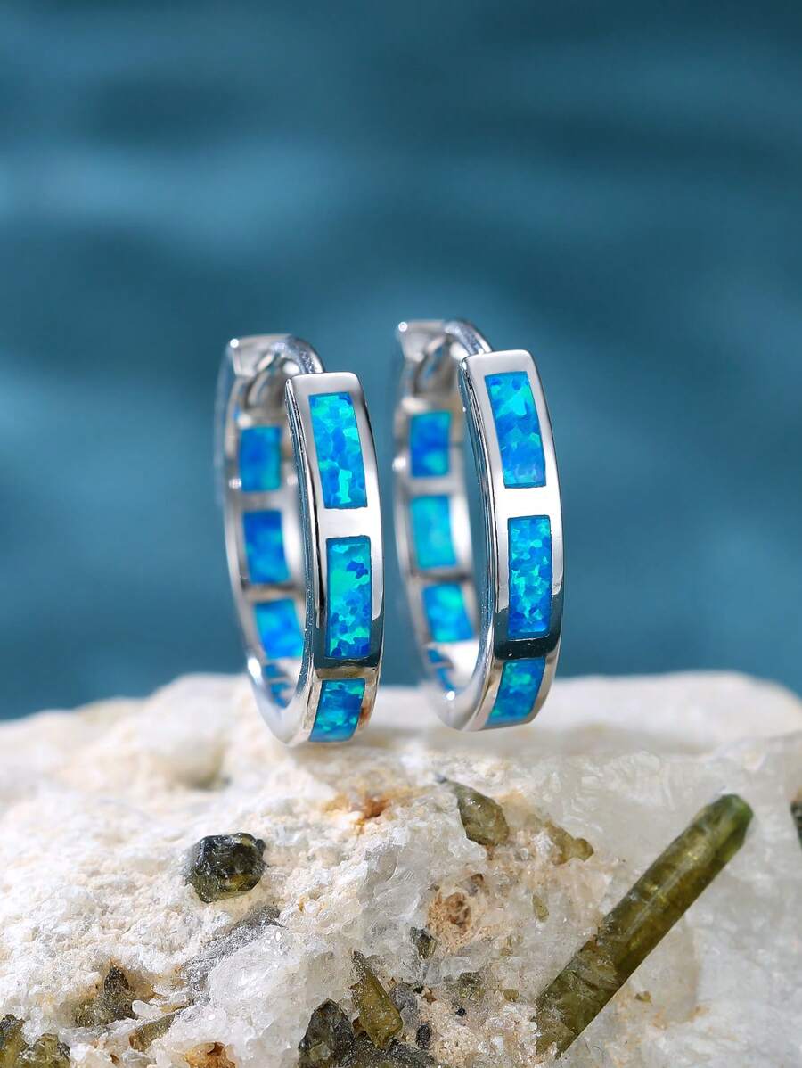 1 Pair Exquisite And Elegant Pure Silver Blue Australian Opal Double Circle Earrings For Women, Dating And Party Gift