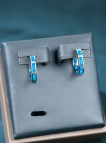 1 Pair Exquisite And Elegant Pure Silver Blue Australian Opal Double Circle Earrings For Women, Dating And Party Gift