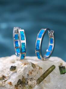 1 Pair Exquisite And Elegant Pure Silver Blue Australian Opal Double Circle Earrings For Women, Dating And Party Gift