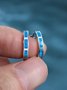 1 Pair Exquisite And Elegant Pure Silver Blue Australian Opal Double Circle Earrings For Women, Dating And Party Gift