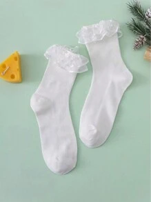 1 par de meias femininas de comprimento médio, respirável e confortável, estilo doce e fresco com borda de renda branca, estilo literário, nova chegada de outono/inverno.