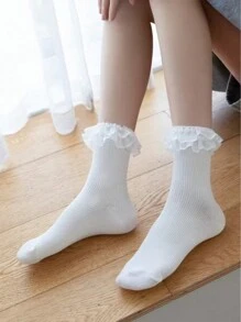 1 par de meias femininas de comprimento médio, respirável e confortável, estilo doce e fresco com borda de renda branca, estilo literário, nova chegada de outono/inverno.