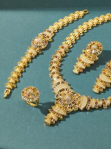 4 件向日葵方晶锆石首饰套装，均码，包括项链、耳环、戒指和手链，镶满水钻，优雅而完美的礼物，适合朋友、派对、宴会和婚礼新娘配饰情人节 - 四件套 - 查看 6