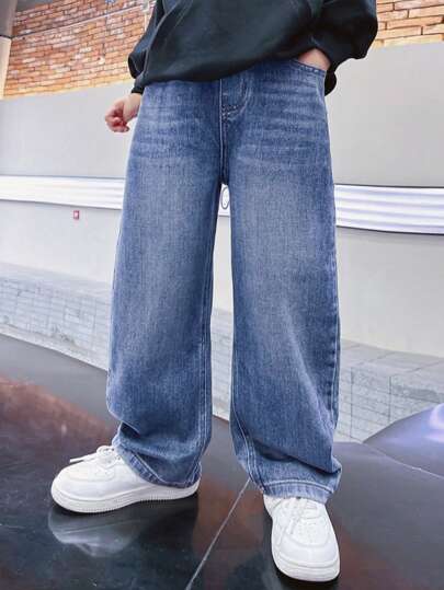 Tween/Tween Boy Retro Streetwear Loose Fit High Waist Straight Leg Jeans, Casual Denim Pants For Young Teens