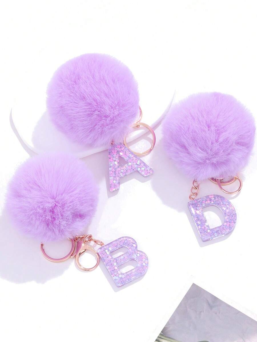 1入組可愛的紫色樹脂星星圖案毛絨球裝飾字母鑰匙扣掛飾毛絨鑰匙扣、錢包鑰匙扣、包裝飾字母鑰匙扣、字母形汽車鑰匙扣掛飾、防丟鑰匙扣，是給朋友、同事、同學、家人的絕佳禮物