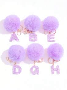 1入組可愛的紫色樹脂星星圖案毛絨球裝飾字母鑰匙扣掛飾毛絨鑰匙扣、錢包鑰匙扣、包裝飾字母鑰匙扣、字母形汽車鑰匙扣掛飾、防丟鑰匙扣，是給朋友、同事、同學、家人的絕佳禮物