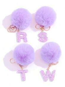 1入組可愛的紫色樹脂星星圖案毛絨球裝飾字母鑰匙扣掛飾毛絨鑰匙扣、錢包鑰匙扣、包裝飾字母鑰匙扣、字母形汽車鑰匙扣掛飾、防丟鑰匙扣，是給朋友、同事、同學、家人的絕佳禮物