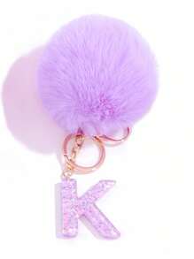 1入組可愛的紫色樹脂星星圖案毛絨球裝飾字母鑰匙扣掛飾毛絨鑰匙扣、錢包鑰匙扣、包裝飾字母鑰匙扣、字母形汽車鑰匙扣掛飾、防丟鑰匙扣，是給朋友、同事、同學、家人的絕佳禮物