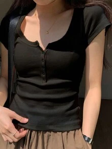 Camiseta de Manga Corta para Mujer, Cuello Redondo Ribbed, Casual y Sexy, Transpirable para Verano - Negro - Ver 6