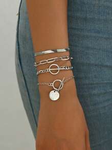 4pcs/Set Punk Metal Style Hollow Chain & Disc Pendant Bracelet (Special Material, Avoid Contact With Water) - Silver - View 3