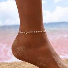 1入流行簡約海灘風格愛心和幾何形狀珍珠鑲嵌精緻足飾，適用於女性休閒日常穿搭