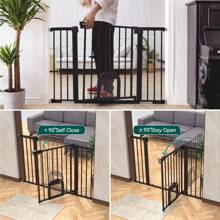 Baby Gate With Adjustable Cat Door, 30 Inch Height Easy Install Pressure/Hardware Mounted Dog Gates For The House, Auto Close Pet Gate For Stairs - 黑色 - 查看 5