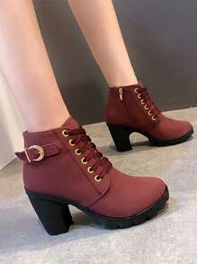 elegantes botas de moda De Mujeres De Moda Zapatos De Tacón Con Cordón Botines,Zapatos individuales de boca profunda para mujer, tacón medio grueso, zapatos blanco con punta puntiaguda,Womens Chunky Heel Ankle Boots,Botas de vestir de tacón alto de moda,Las mujeres de tacón alto botas individuales otoño cremallera lateral hebilla, Botas de combate minimalistas para mujer, nuevas botas para mujer de primavera, otoño e invierno, botas de color sólido, cordones laterales y cremallera, diseño de tacón grueso y punta redonda, estilo minimalista - Rojo - Ver 9