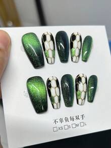 1 Pair (10pcs) Luxury Snake Head Cat Eye Effect Nail Art With Hand-Painted Gold Lines And Green Gradient Colors, Reusable And Handmade, Suitable For Dinner Parties And Events, For Fashionable Girls - Multicolor - View 4