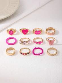 12pcs/Set Cute Dopamine Themed Minimalist Geometric Line Rings, Versatile For Commute And Vacation